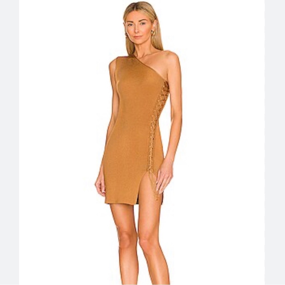 Hours/Revolve One-Shoulder Lace-Up Mini Dress in Camel